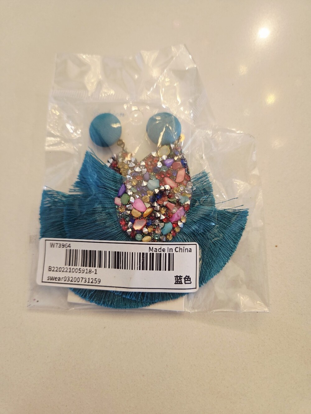 Blue Teardrop Fringe Statement Earrings with Multicolor Stones